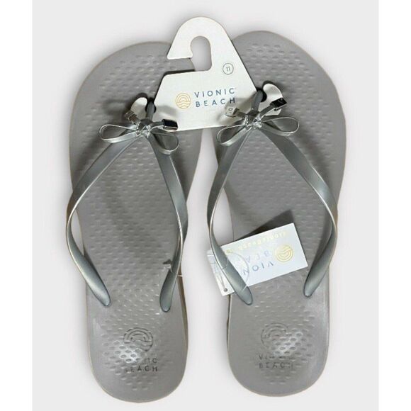 Vionic Shoes - Vionic Flip Flops Women 11 Medium Silver Bow Beach Bondi Wedge Toe Post Sandals
